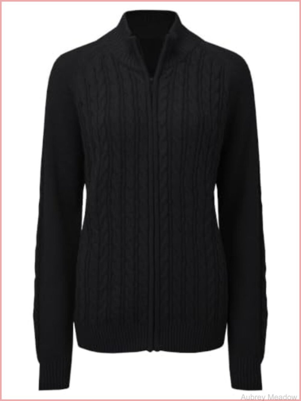 Women's Zip Up Cable Knit Cardigan Sweater Mock Neck Long Sleeve